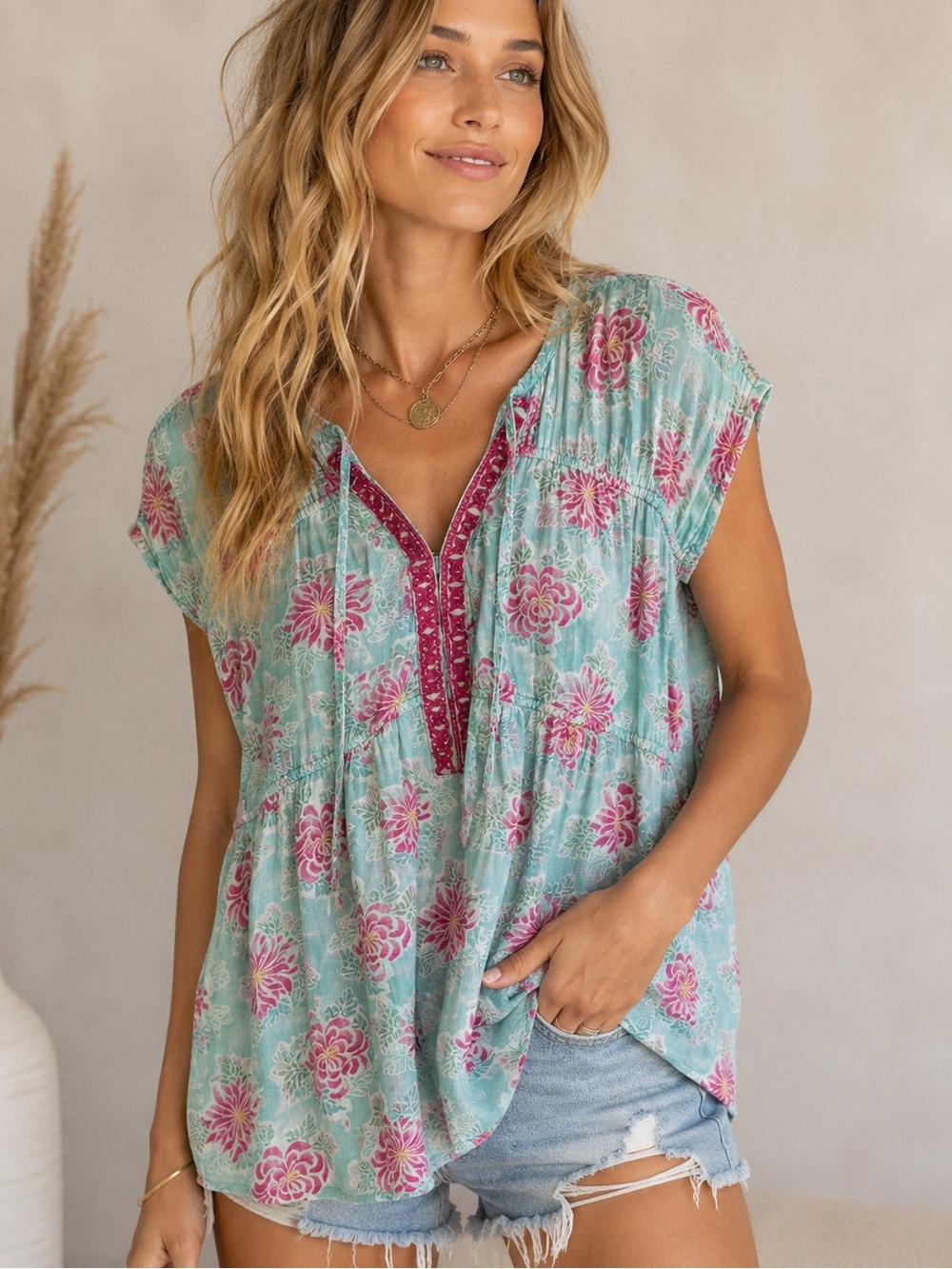 Free People Boho Floral Tunic Top Small | Aqua Pink Floral Peasant Blouse S